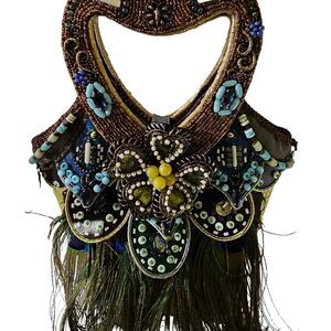 MARY FRANCES Bead & Feather Heart Handle Handbag